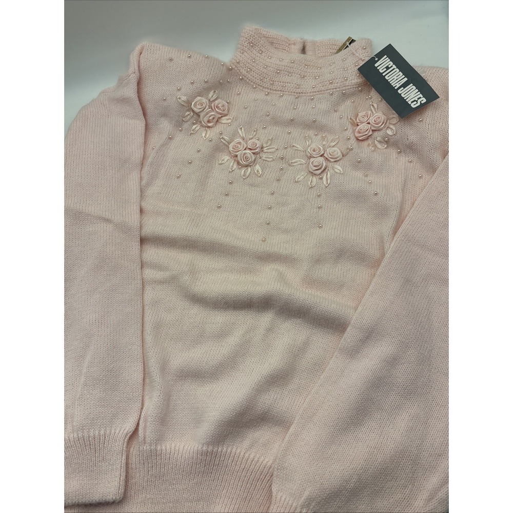 Vintage Soft pink knit sweater high neck pearl flower cottage core girly NWT